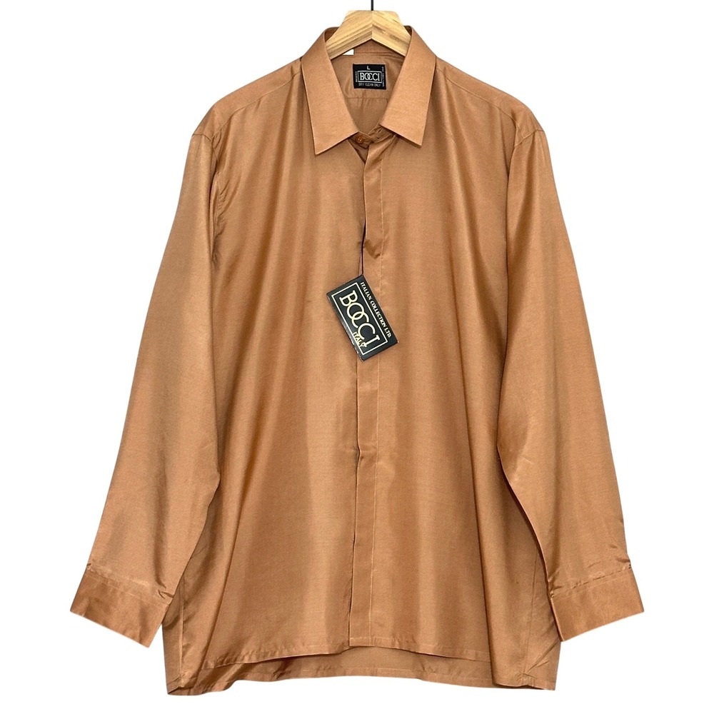 Bocci Mens 100% Pure Silk Long Sleeve Button Up Shirt Bronze Brown Large NWT